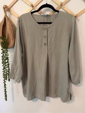Hot Cotton by Marc Ware Henley Tunic Top XL Beige Green Lagenlook